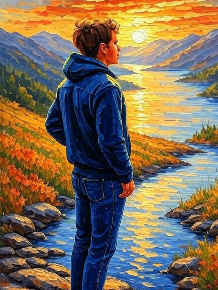 Man in blue sweat jacket contemplating life's mission at the edge of a river bank watching the sun set setting goals